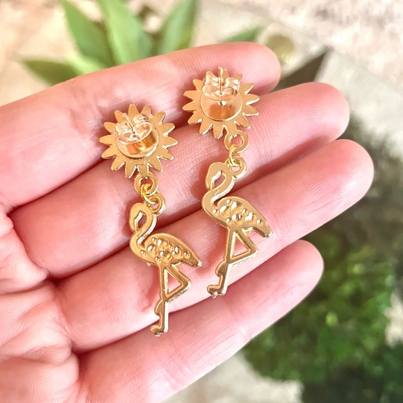 Gold Floral Flamingo Earrings - Picture 4 of 4